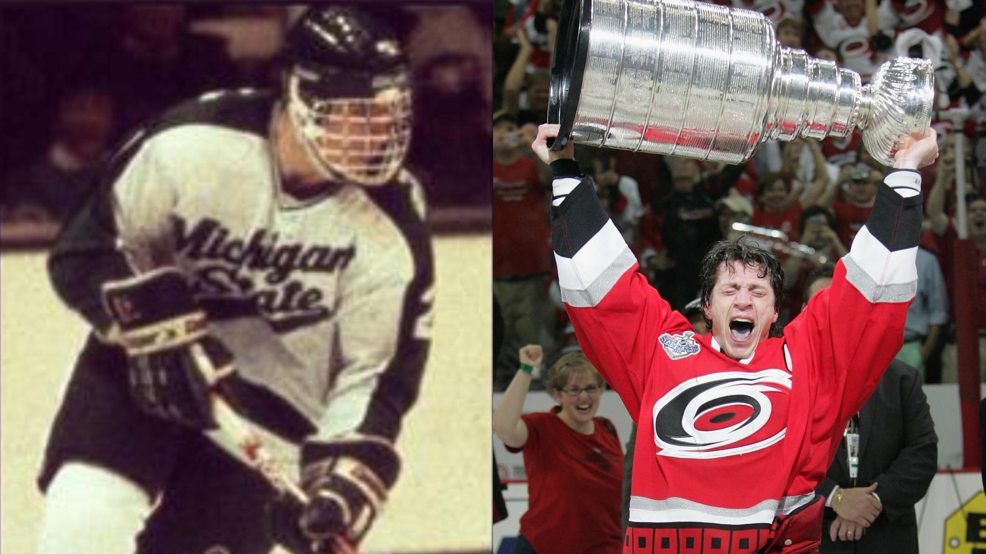 Rod Brind'Amour at Michigan State and with the Stanley Cup as captain of the Carolina Hurricanes