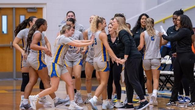 Embry-Riddle celebrates a big DII women's basketball win.
